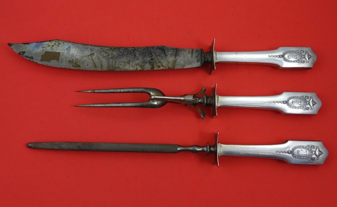 Shreve Adam Sterling Silver 3-Piece Roast Carving Set: Shreve Adam Sterling Silver 3-Piece Roast Carving Set Enhance your dining experience with the Adam by Shreve Sterling Silver Roast Carving Set. This exquisite 3-piece set includes a 14 1/2" knife, an