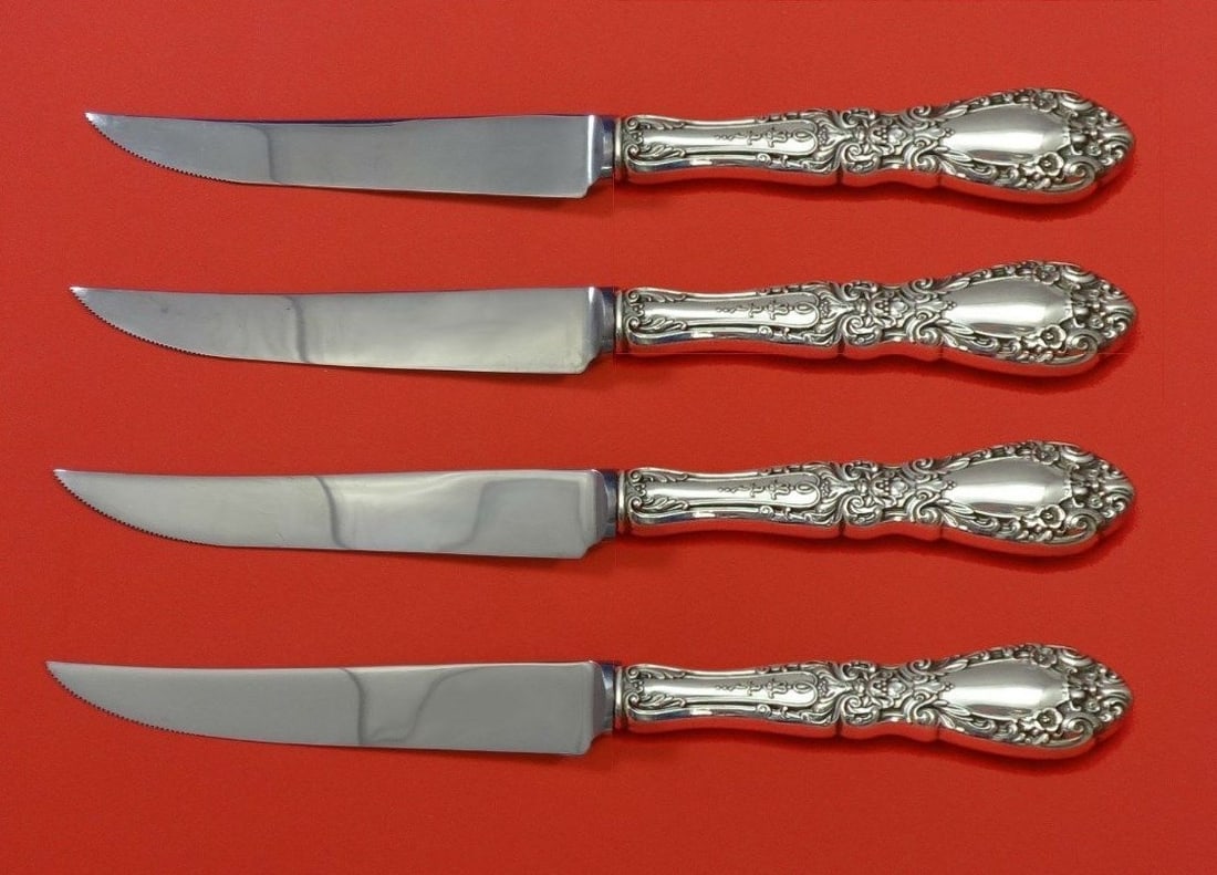 Alvin Prince Eugene Sterling Silver Steak Knife Set 4pc Custom 8.5": Alvin Prince Eugene Sterling Silver Steak Knife Set 4pc Custom 8.5" Enhance your dining experience with this exquisite 4-piece steak knife set from the esteemed Prince Eugene pattern by Alvin. Crafted