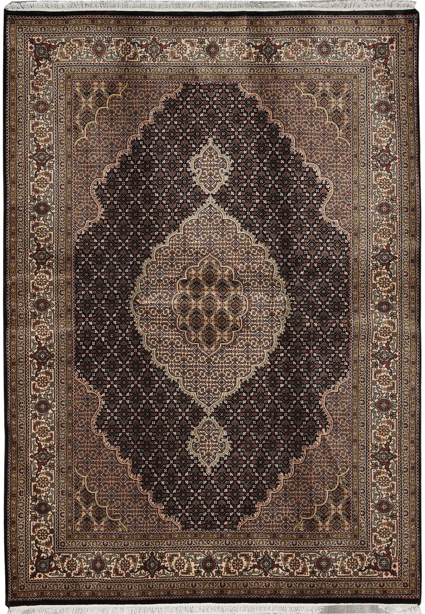 Handmade India Tabriz Mahi Rug 5.7 x 8 Wool Silk Black: Handmade India Tabriz Mahi Rug 5.7 x 8 Wool Silk Black Free continental US Shipping This handmade Tabriz Mahi rug from India features a sophisticated Chobi Peshawar design, crafted with a blend of hig