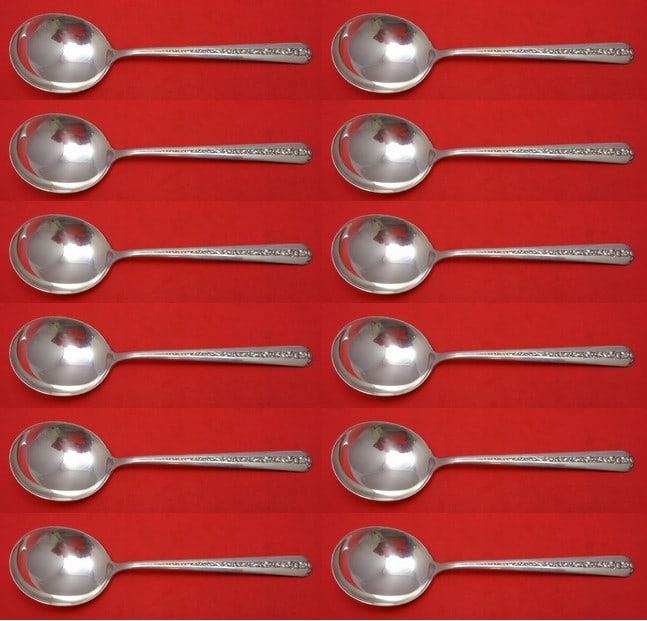 Towle Rambler Rose Sterling Silver Cream Soup Spoon Set 12 Pieces: Towle Rambler Rose Sterling Silver Cream Soup Spoon Set 12 Pieces This exquisite 12-piece set of cream soup spoons features the Rambler Rose pattern by Towle, crafted from high-quality sterling silver
