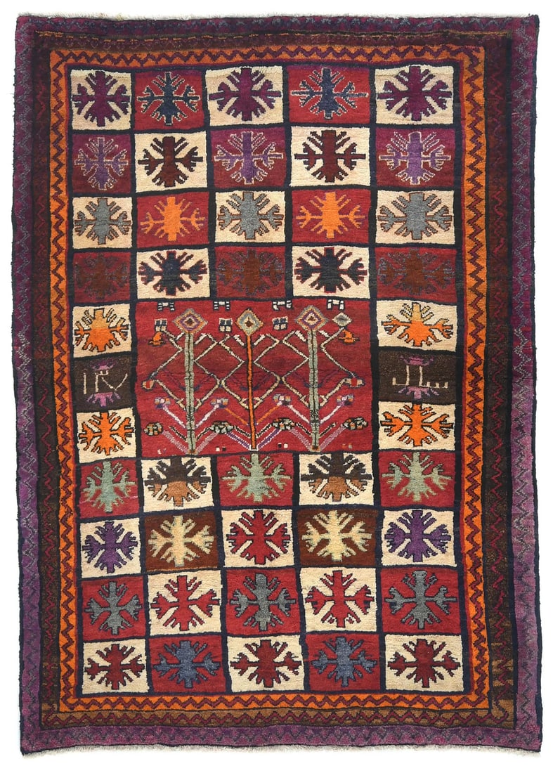 Hand-Knotted Wool Area Rug 4'11 x 6'10 Vintage Multicolor Geometric Design: Hand-Knotted Wool Area Rug 4'11 x 6'10 Vintage Multicolor Geometric Design This vintage tribal geometric Oriental rug features a multicolored design with floral patterns, adding a touch of traditional