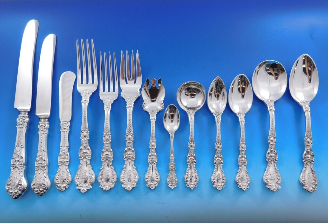 Gorham Henry II Sterling Silver Flatware Set for 18 278 pcs with Storage Chest: Gorham Henry II Sterling Silver Flatware Set for 18 278 pcs with Storage Chest Introducing the exquisite Henry II Sterling Silver Flatware Set by Gorham, designed to serve 18 guests in style. This mon