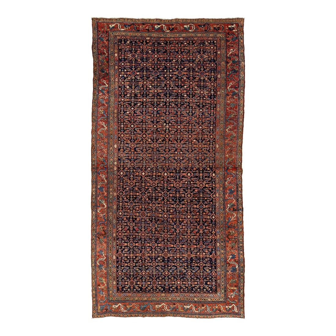 Handmade 20th Century Persian Malayer Wool Rug Navy Blue 7'4" x 14'3": Handmade 20th Century Persian Malayer Wool Rug Navy Blue 7'4" x 14'3" This exquisite handmade Persian Malayer rug hails from the 20th century and showcases a stunning navy blue field adorned with a vi