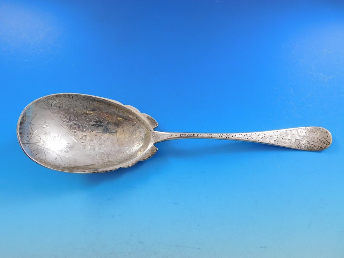 Ford Sterling Silver Brite-Cut Berry Spoon Geometric Butterfly Flowers Design: Ford Sterling Silver Brite-Cut Berry Spoon Geometric Butterfly Flowers Design This exquisite serving spoon is a Sterling Silver Berry Spoon crafted by Ford, showcasing a stunning geometric design ador