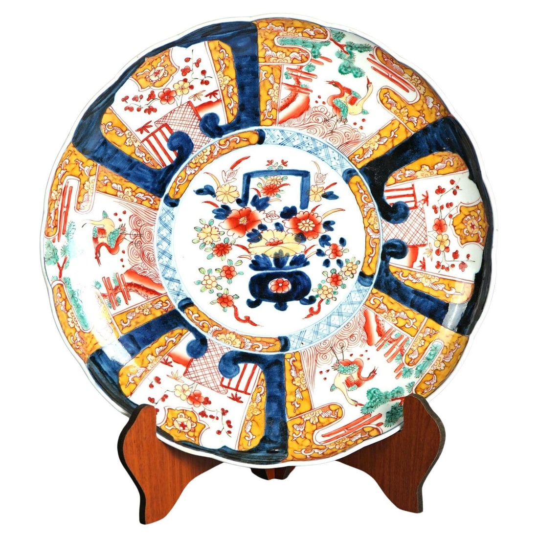 20th Century Japanese Imari Enameled Porcelain Charger with Birds: 20th Century Japanese Imari Enameled Porcelain Charger with Birds This exquisite Japanese Imari enameled porcelain charger from the 20th century is a stunning example of traditional craftsmanship. Mea
