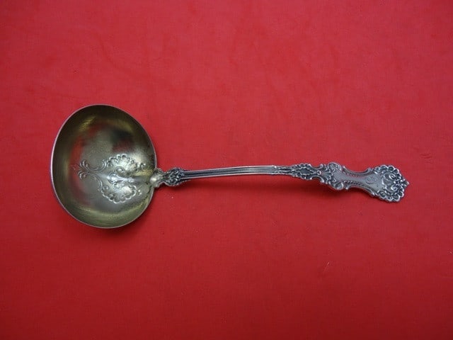 Pompadour by Whiting Sterling Silver Gold Washed Sauce Ladle 6 Inches: Pompadour by Whiting Sterling Silver Gold Washed Sauce Ladle 6 Inches This exquisite sauce ladle from the Pompadour pattern by Whiting Manufacturing Co. features a gold-washed finish, enhancing its el