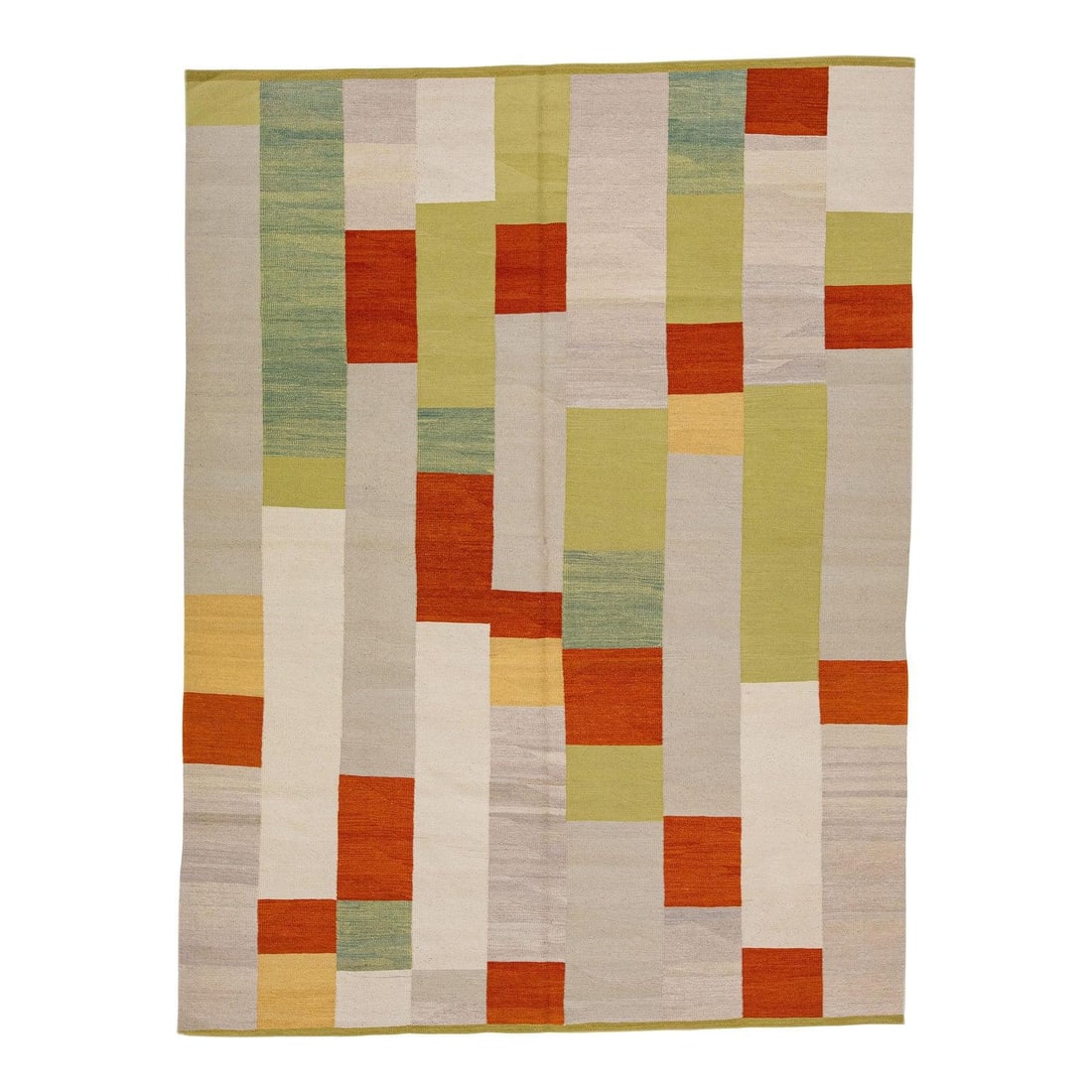 Modern Kilim Wool Rug with Geometric Design 6'6 x 8'8 Beige: Modern Kilim Wool Rug with Geometric Design 6'6 x 8'8 Beige Enhance your space with this modern Kilim flatweave wool rug, showcasing a stunning geometric design in a palette of green, goldenrod, and o