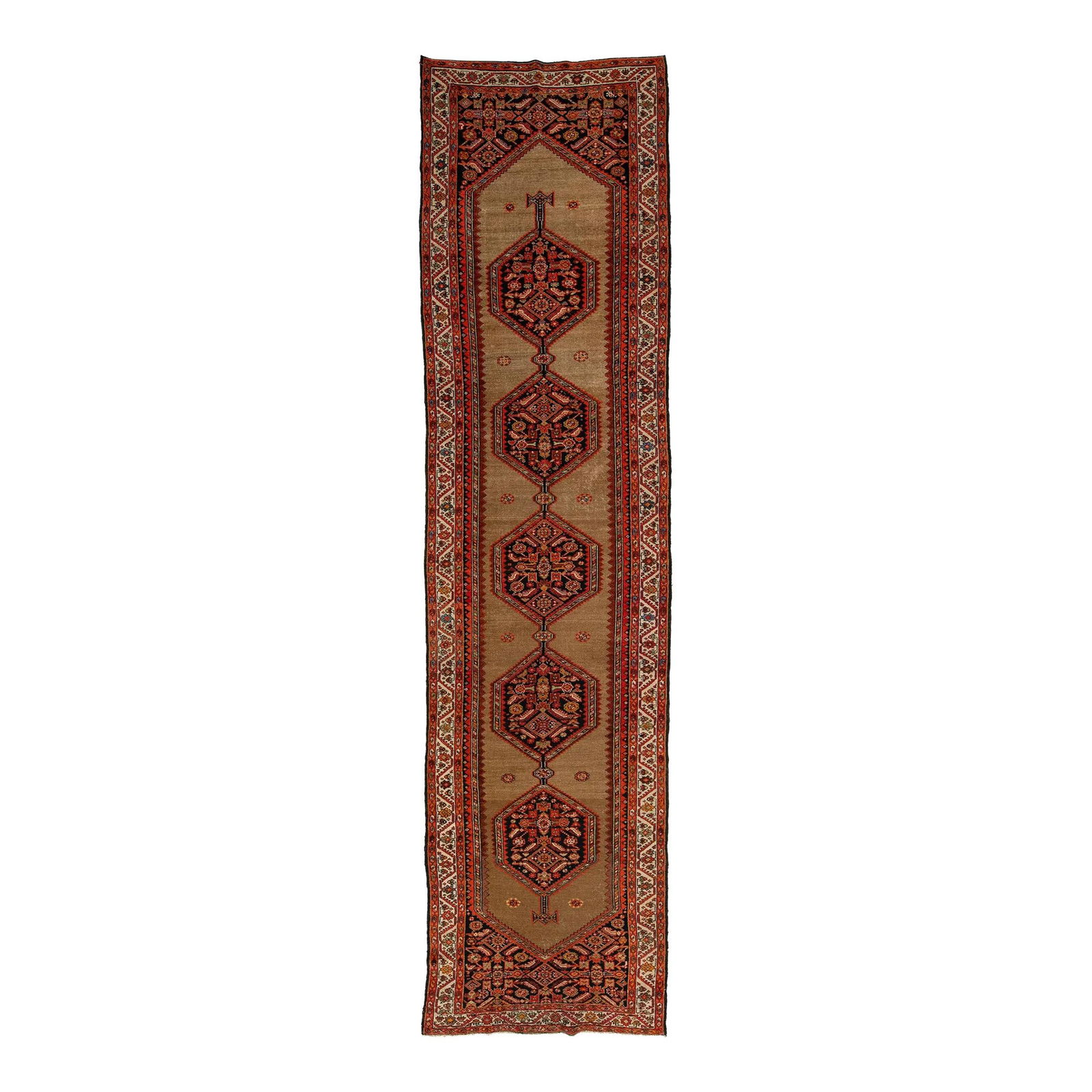 Antique 1900s Persian Malayer Wool Runner Tribal Design 3'6 x 14'1: Antique 1900s Persian Malayer Wool Runner Tribal Design 3'6 x 14'1 This exquisite handmade Persian Malayer wool runner rug, crafted in the early 20th century, showcases a rich brown color field adorne