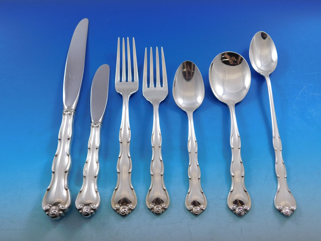 Gorham Rondo Sterling Silver Flatware Set for 12 93 Pieces with Storage Chest: Gorham Rondo Sterling Silver Flatware Set for 12 93 Pieces with Storage Chest Enhance your dining experience with the stunning Rondo by Gorham Sterling Silver Flatware Set, designed for 12, comprising