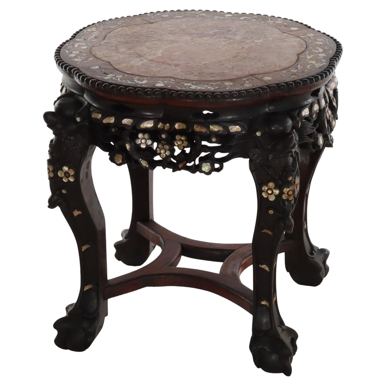 Early 20th Century Rosewood Stand With Mother of Pearl Inset and Rouge Marble Top: Early 20th Century Rosewood Stand With Mother of Pearl Inset and Rouge Marble Top This antique Chinese stand from circa 1920 showcases intricate floral carvings on rosewood and features a top adorned