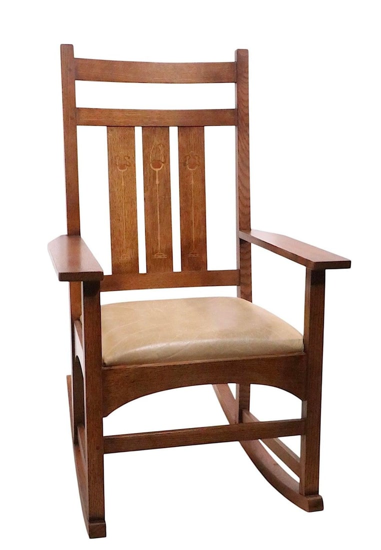 Stickley Harvey Ellis Arts and Crafts Rocking Chair Oak Leather Reproduction - 2