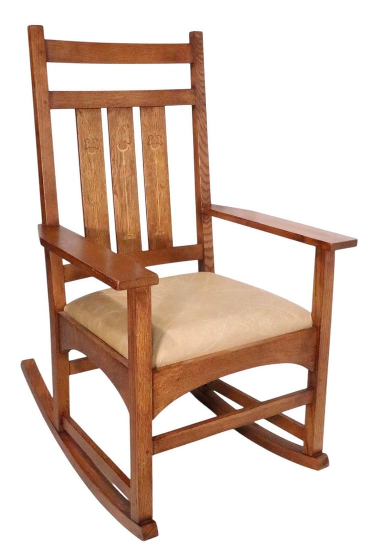 Stickley Harvey Ellis Arts and Crafts Rocking Chair Oak Leather Reproduction - 9