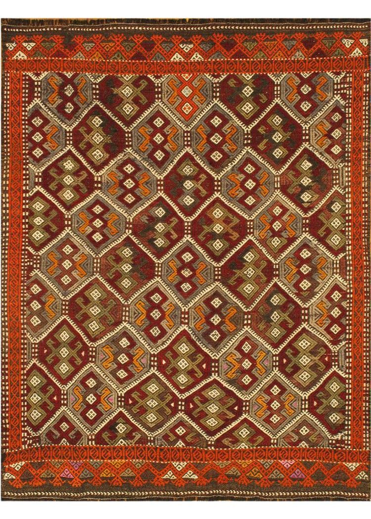 Hand-Knotted Vintage Sumac Wool Rug 4'6 x 5'9 Geometric Design: Hand-Knotted Vintage Sumac Wool Rug 4'6 x 5'9 Geometric Design Elevate your space with this stunning hand-knotted Vintage Sumac Wool Rug, featuring a captivating geometric pattern set against a vibran