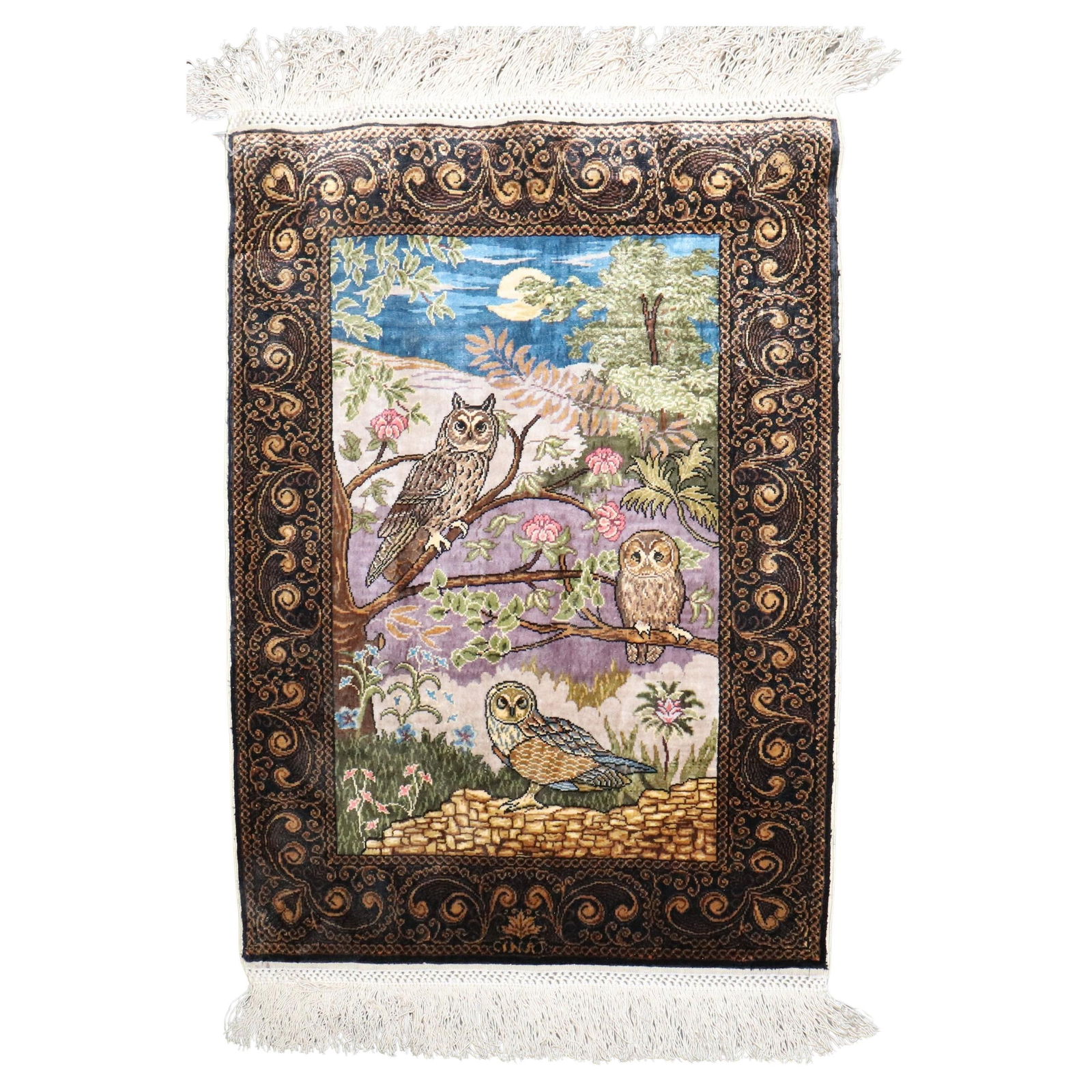 Zabihi Collection Hand-Woven Turkish Silk Herekeh Owl Rug 13 x 17 in: Zabihi Collection Hand-Woven Turkish Silk Herekeh Owl Rug 13 x 17 in Experience the beauty of a late 20th-century Turkish silk Herekeh rug, showcasing intricate designs of birds and owls set against a