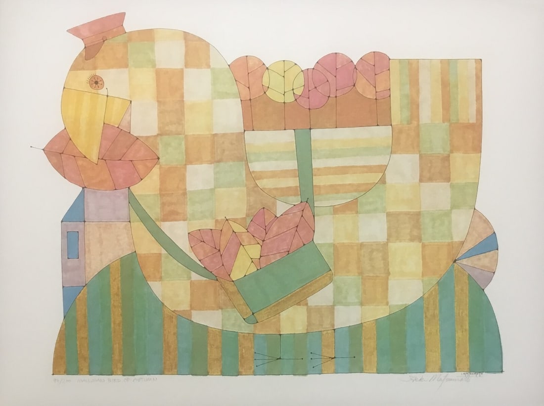 Ikki Matsumoto Mailman Bird In Autumn Signed Limited Edition Lithograph: Ikki Matsumoto Mailman Bird In Autumn Signed Limited Edition Lithograph Presenting a stunning limited edition lithograph titled "Mailman Bird in Autumn" by the renowned artist Ikki Matsumoto. This ori