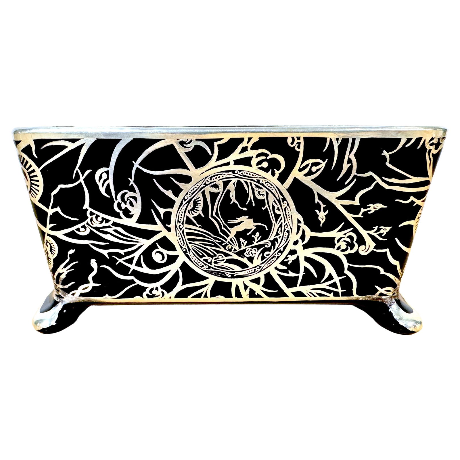 Rockwell Art Deco Black Amethyst Silver Overlay Vase Antelope Landscape: Rockwell Art Deco Black Amethyst Silver Overlay Vase Antelope Landscape This exquisite Art Deco vase showcases a stunning black amethyst glass body adorned with a meticulous silver overlay by the reno