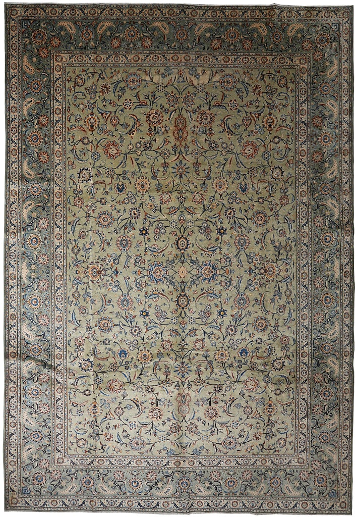 11 x 15 Hand Knotted Persian Kashan Wool Rug Light Green Floral Iran: 11 x 15 Hand Knotted Persian Kashan Wool Rug Light Green Floral Iran Free continental US Shipping This authentic Persian Kashan rug features a light green field with navy blue, beige, soft peach, ligh