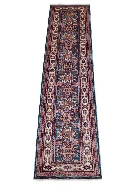Sky Blue Super Kazak Rug 2'10 x 10'6 Handcrafted Wool Elegant Design: Sky Blue Super Kazak Rug 2'10 x 10'6 Handcrafted Wool Elegant Design Free continental US Shipping Enhance your living space with this exquisite Sky Blue Super Kazak Rug, measuring 2' 10" x 10' 6". Thi