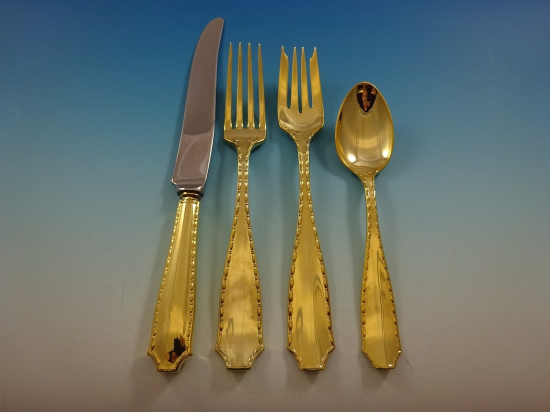 Tiffany & Co. Marquise Gold Vermeil Sterling Silver Flatware Set 24 Pieces: Tiffany & Co. Marquise Gold Vermeil Sterling Silver Flatware Set 24 Pieces Introducing the exquisite Marquise Gold flatware set by Tiffany & Co., crafted from sterling silver and lavishly finished wit