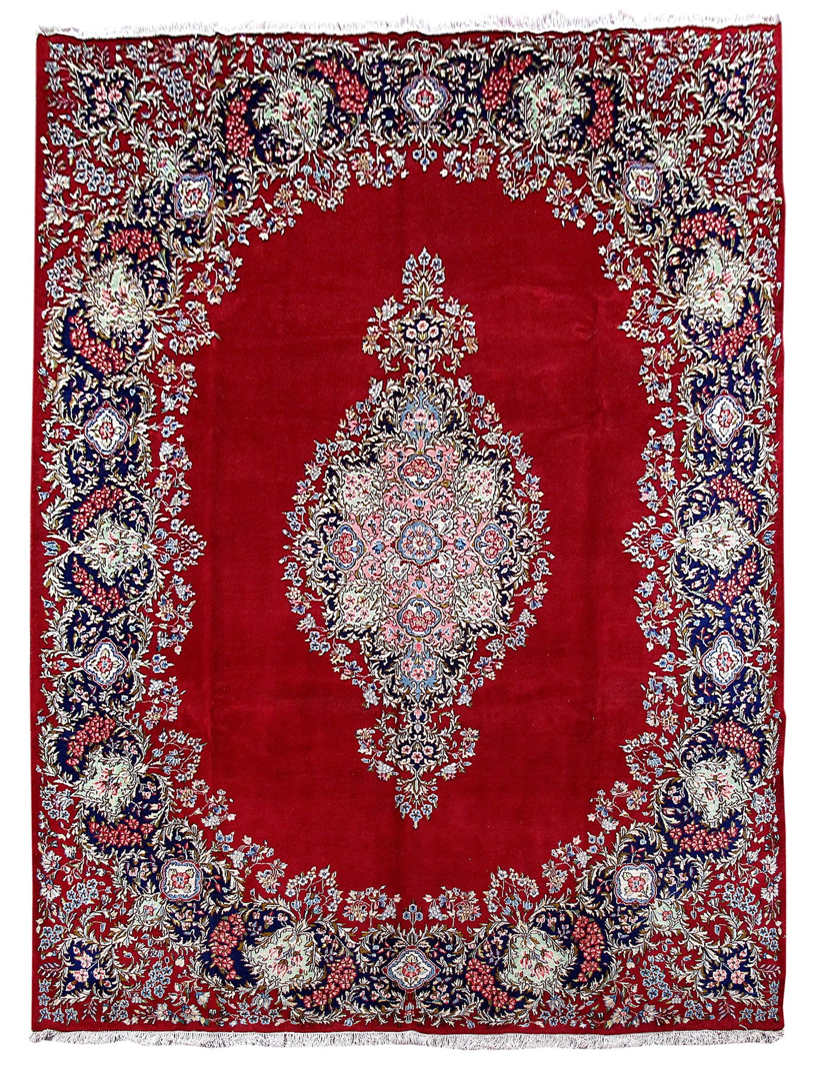 9.9 x 13.5 Red Handcrafted Persian Kerman Rug Authentic Design: 9.9 x 13.5 Red Handcrafted Persian Kerman Rug Authentic Design Free continental US Shipping Introducing an exquisite 9.9' x 13.5' Red Traditional Persian Kerman Rug, a true masterpiece of timeless ele