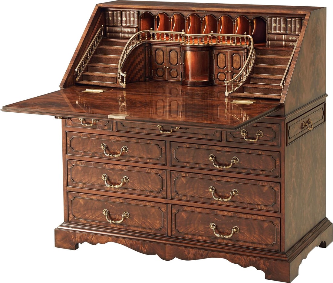 Theodore Alexander Grand Staircase Bureau Desk with Faux Book Design: Theodore Alexander Grand Staircase Bureau Desk with Faux Book Design Introducing the Elegant Havana Grand Staircase Bureau Desk, a stunning piece that blends antique charm with modern functionality. C