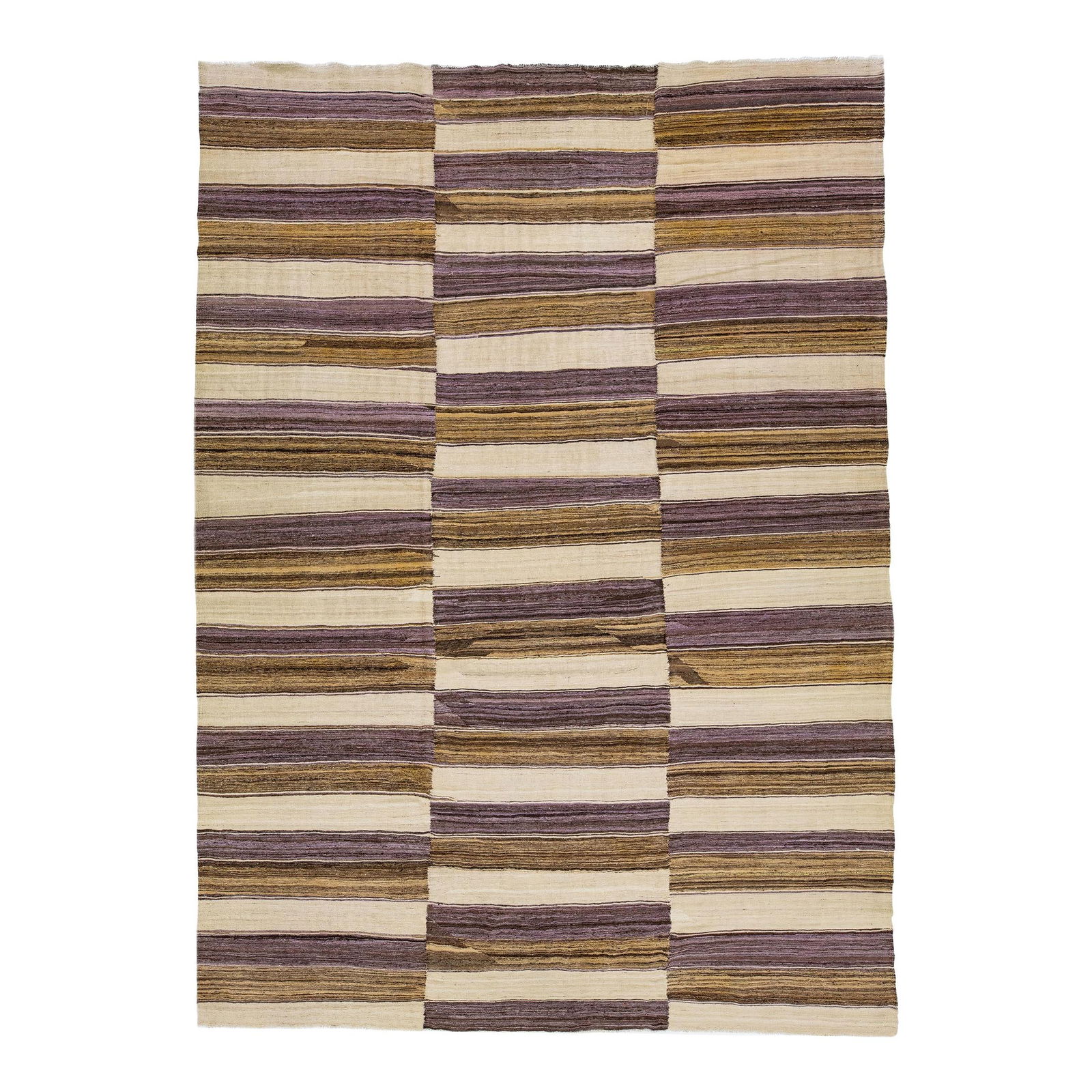 Contemporary Beige Striped Kilim Wool Rug 10' x 13'10": Contemporary Beige Striped Kilim Wool Rug 10' x 13'10" Enhance your living space with this contemporary kilim wool rug, featuring a vibrant stripe design in shades of beige, brown, and tan. Perfect fo