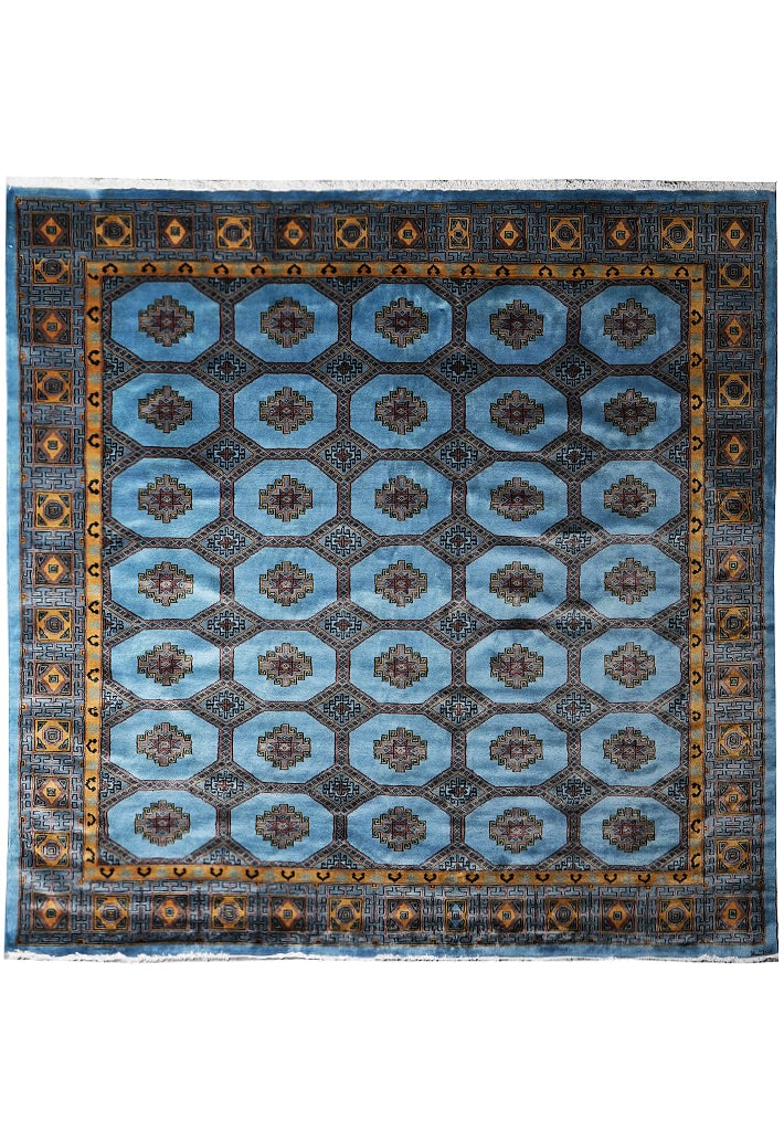 Handmade Jaldar Bokhara Wool Rug Electric Blue 89 x 96 Inch Square: Handmade Jaldar Bokhara Wool Rug Electric Blue 89 x 96 Inch Square Free continental US Shipping This 7.5 x 8 square handmade Jaldar Bokhara area rug features a striking electric blue background accent