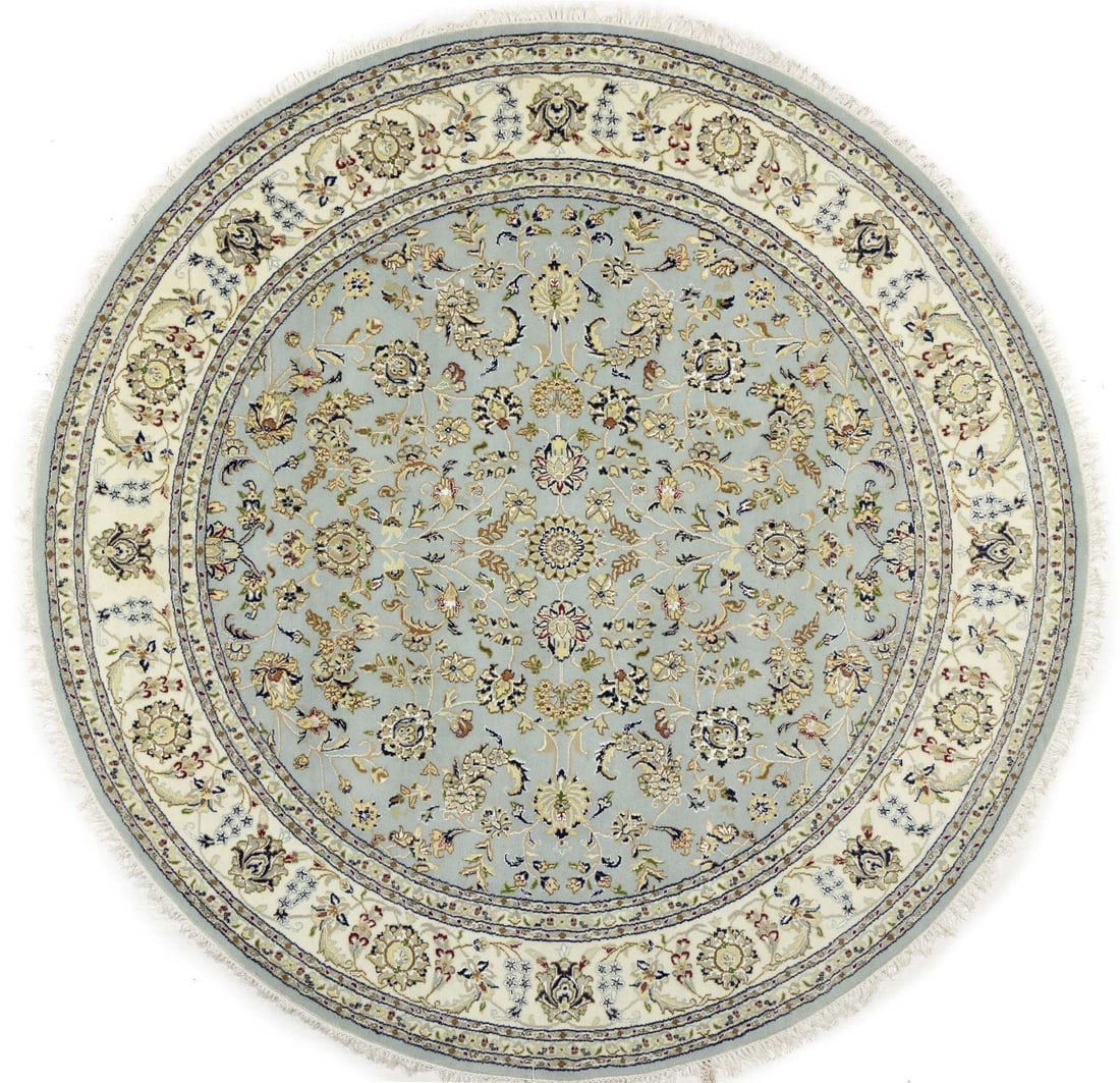 Handmade Round Floral Indo-Nain Rug 8ft Wool Silk Eco-Friendly: Handmade Round Floral Indo-Nain Rug 8ft Wool Silk Eco-Friendly Enhance your home decor with this exquisite handmade round Indo-Nain oriental rug, measuring 8 feet in diameter. Featuring a beautiful fl
