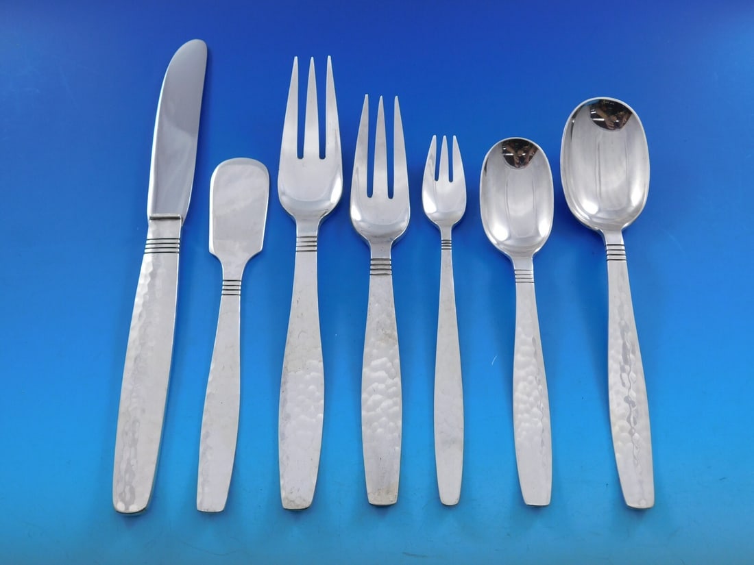 Allan Adler Swedish Modern Sterling Silver Flatware Set 90 pc Hammered Arts & Crafts: Allan Adler Swedish Modern Sterling Silver Flatware Set 90 pc Hammered Arts & Crafts Discover the exquisite craftsmanship of the Swedish Modern sterling silver flatware set by Allan Adler. This stunni