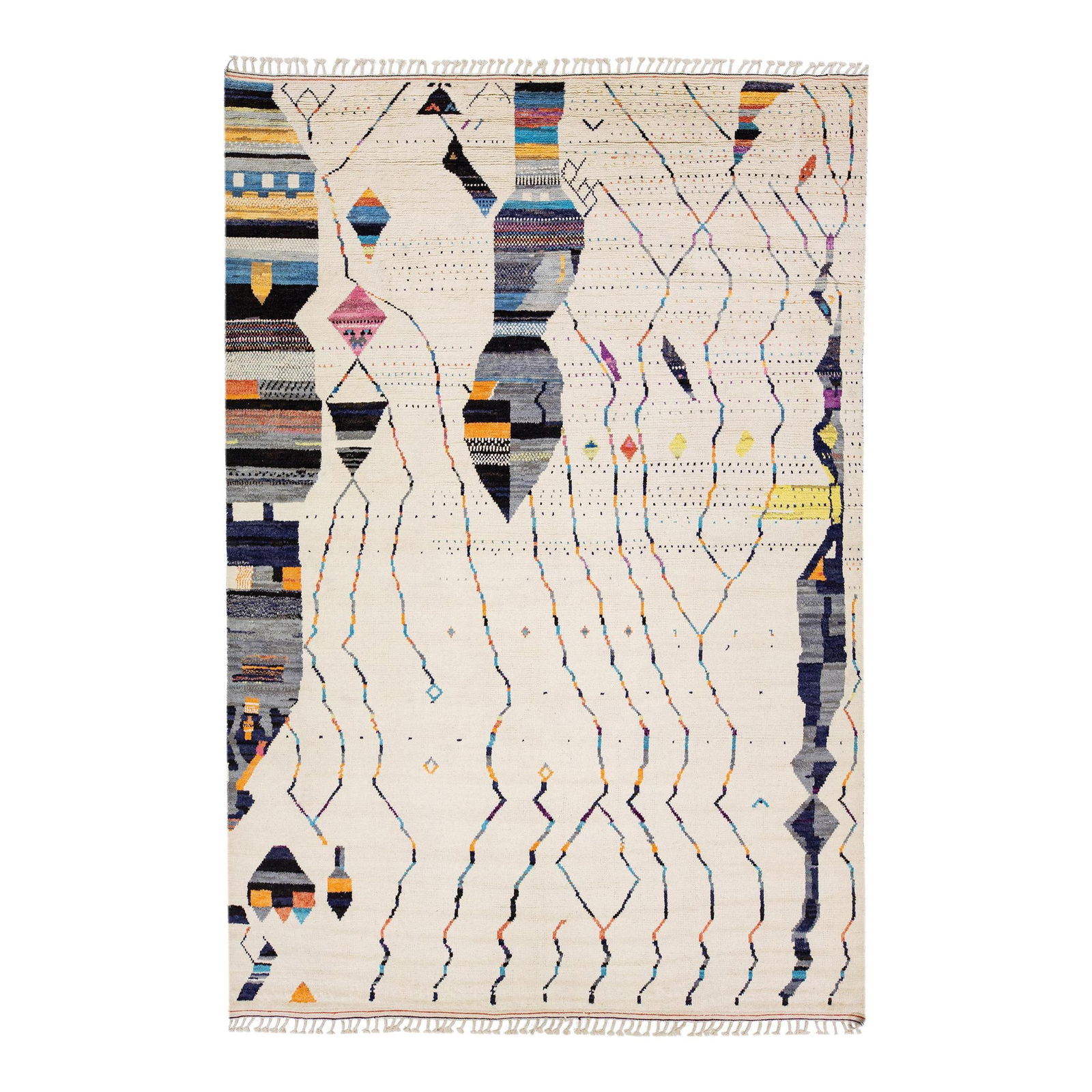 Ivory Handmade Moroccan Berber Style Wool Rug 10' x 14'3: Ivory Handmade Moroccan Berber Style Wool Rug 10' x 14'3 Enhance your space with this exquisite hand-knotted wool rug, featuring a stunning ivory field inspired by traditional Moroccan Berber designs.