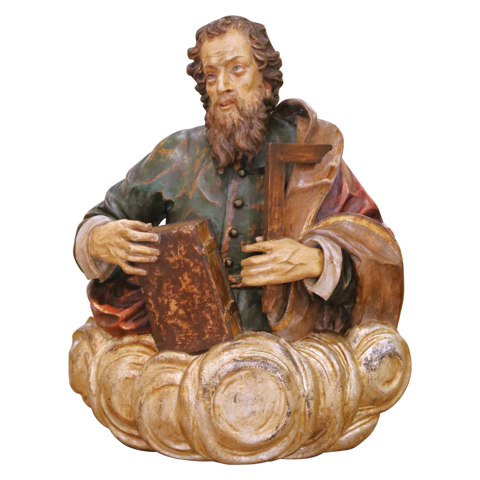 Baroque French Polychrome Walnut Saint Thomas Sculpture Late 17th Century: Baroque French Polychrome Walnut Saint Thomas Sculpture Late 17th Century This late 17th-century French Baroque sculpture depicts Saint Thomas the Apostle, identified by the carpenter's square and boo