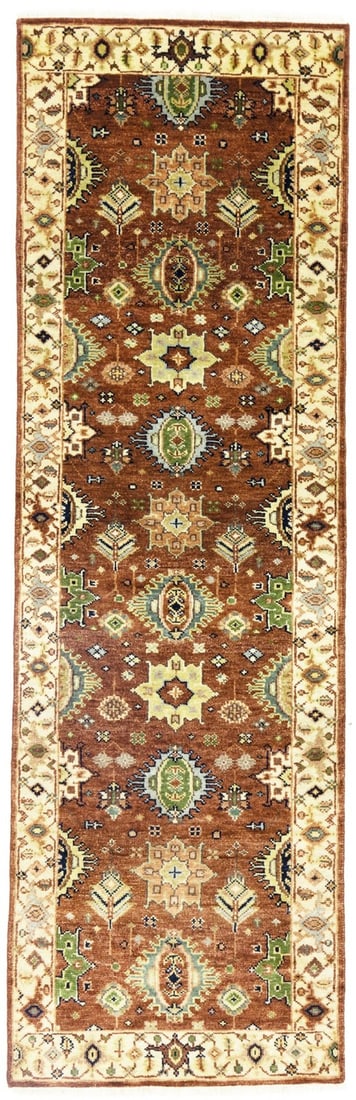Hand-Knotted Wool Runner Rug 2'6 x 8'1 Tribal Geometric Design from India: Hand-Knotted Wool Runner Rug 2'6 x 8'1 Tribal Geometric Design from India This Indo-Karajeh Oriental runner rug features a hand-knotted wool construction with a geometric tribal pattern in rust, cream