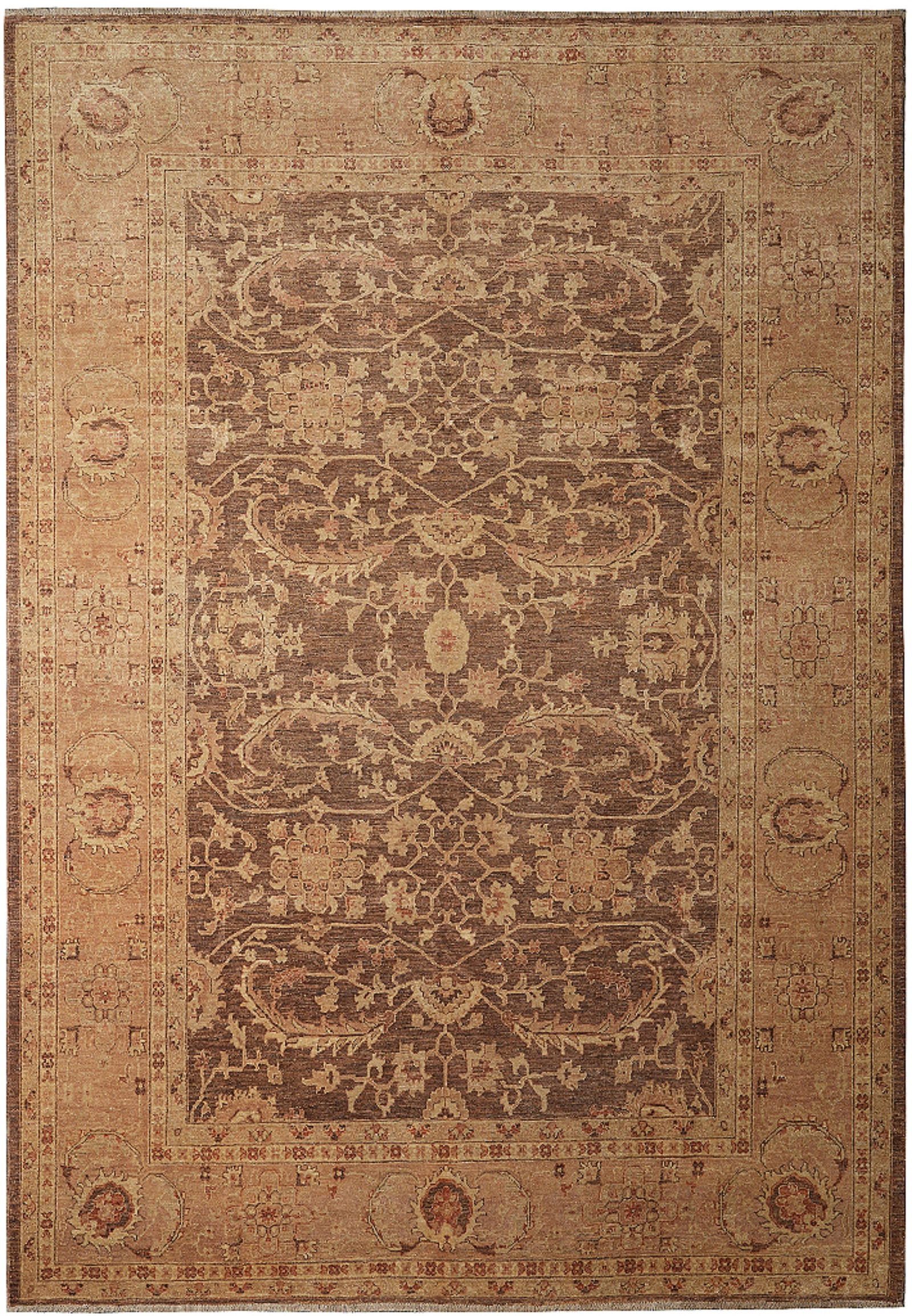 Handmade Zigler Chobi Rug 9 x 11.8 Brown Neutral Wool Pakistan: Handmade Zigler Chobi Rug 9 x 11.8 Brown Neutral Wool Pakistan Free continental US Shipping This handmade Zigler Chobi area rug features a traditional design with intricate floral motifs, medallions,