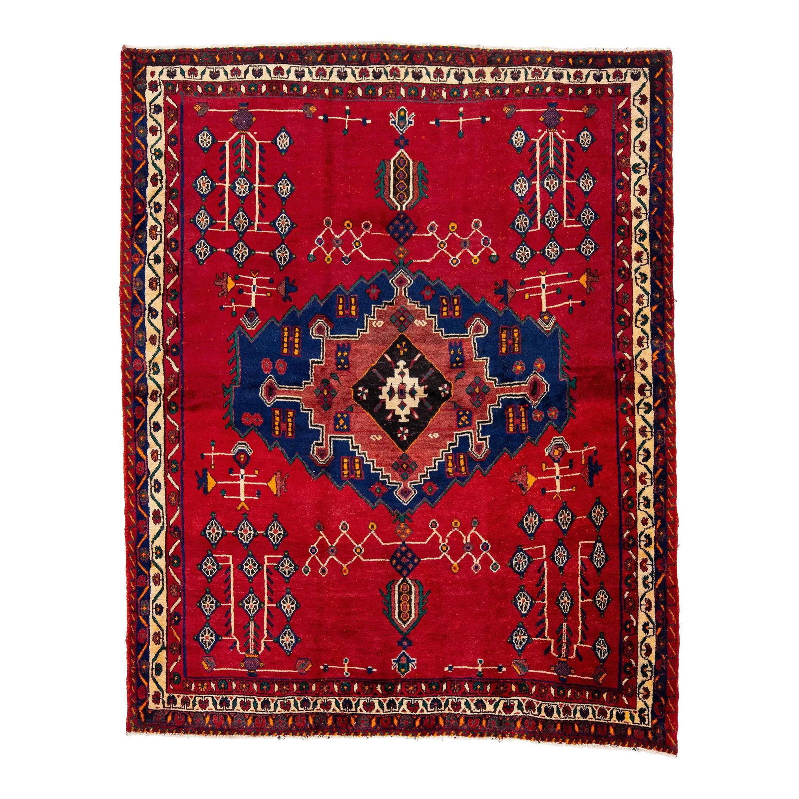 1960s Vintage Shiraz Handmade Wool Rug Red Medallion Design 5'9 x 7'2: 1960s Vintage Shiraz Handmade Wool Rug Red Medallion Design 5'9 x 7'2 This vintage Shiraz Persian wool rug showcases a striking red field adorned with a vibrant multicolor medallion motif, making it a