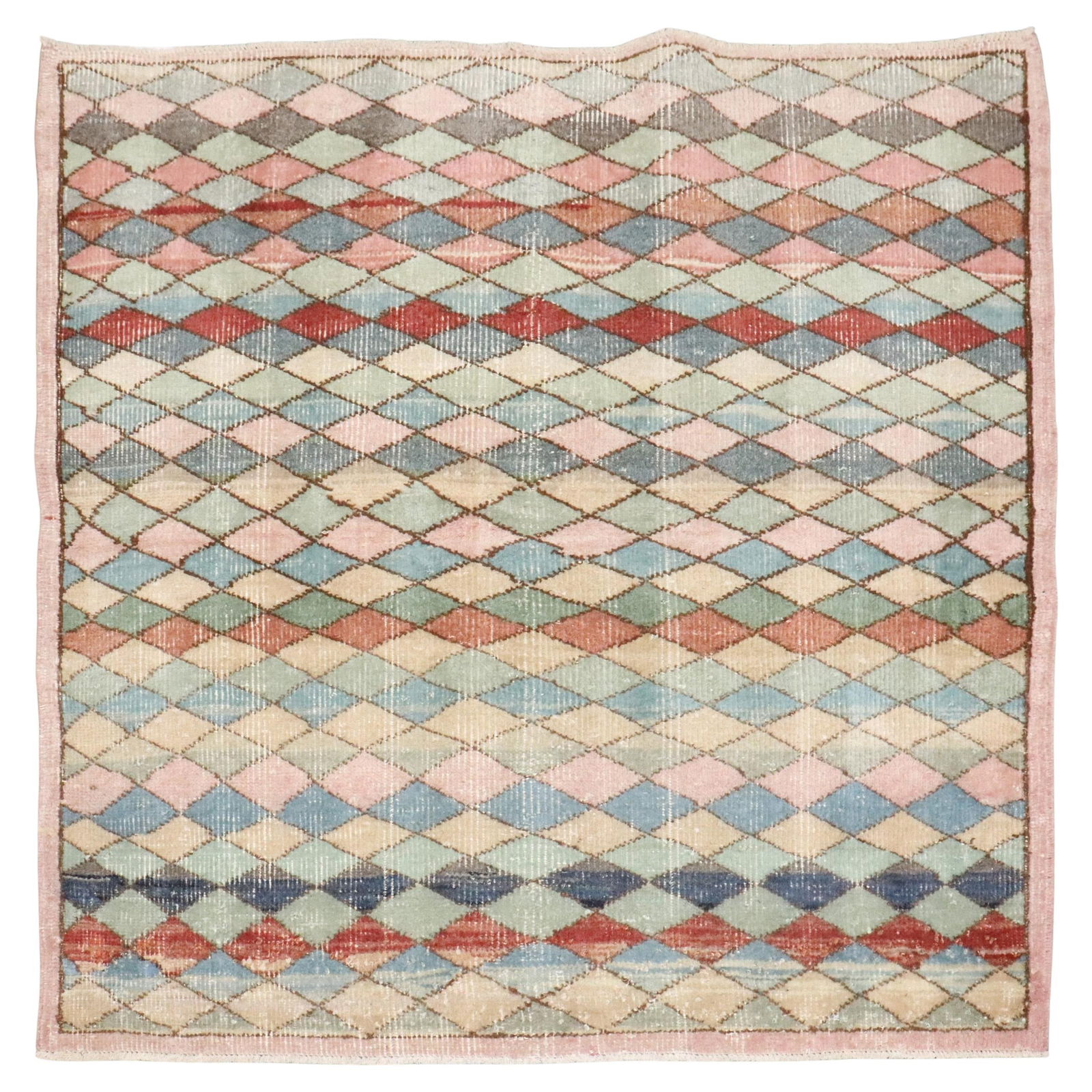 Zabihi Collection Vintage Turkish Deco Rug 3'11" x 4'2" Wool Hand-Woven: Zabihi Collection Vintage Turkish Deco Rug 3'11" x 4'2" Wool Hand-Woven This exquisite square vintage Turkish deco rug, attributed to Zeki Muren, showcases the elegance of Mid-Century Modern design. H
