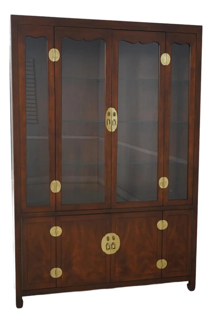 Henredon Asian Inspired Walnut China Cabinet with Lighted Interior: Henredon Asian Inspired Walnut China Cabinet with Lighted Interior This exquisite Henredon Asian Inspired Walnut China Cabinet is a stunning piece that combines elegance and functionality. Crafted app