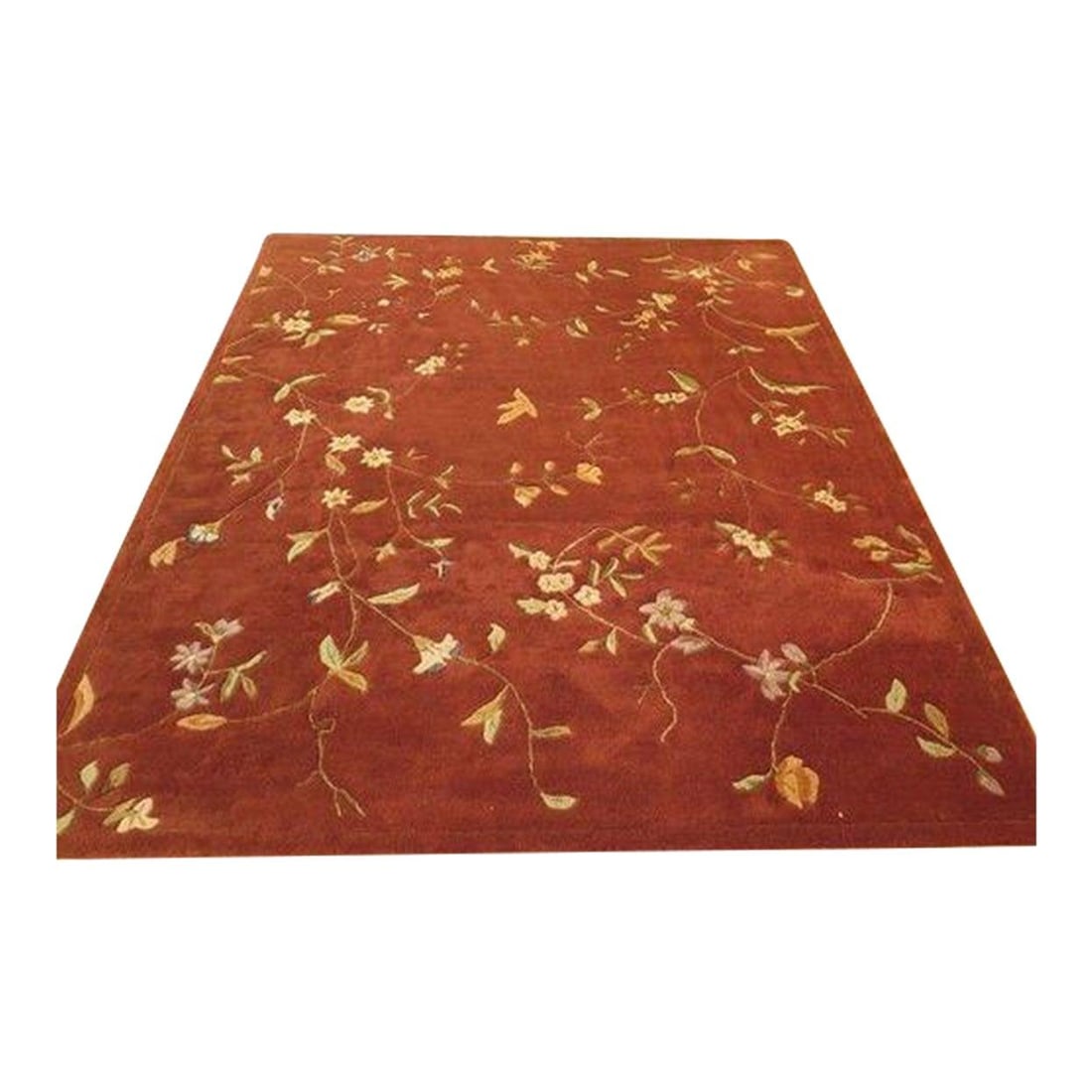 91 x 110 Wool Floral Sculptured Area Rug Red: 91 x 110 Wool Floral Sculptured Area Rug Red This room-size rug features a sculptured floral design crafted from high quality, thick 100% wool pile. With an approximate age of 25 years, it displays ex