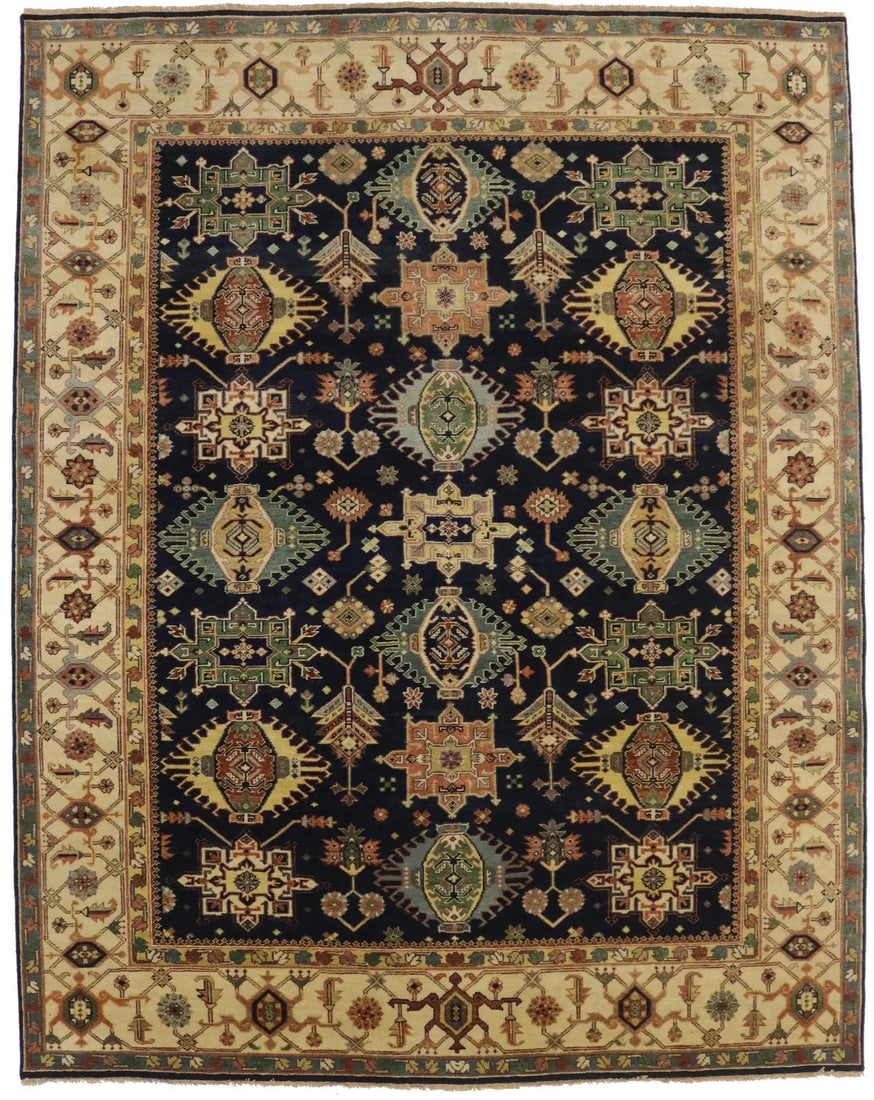 Hand-knotted Indo Karajeh Wool Rug 7'11 x 9'10 Geometric Tribal Pattern: Hand-knotted Indo Karajeh Wool Rug 7'11 x 9'10 Geometric Tribal Pattern This handmade Indo Karajeh Oriental rug features a striking geometric design in a palette of navy, beige, cream, rust, gray, and
