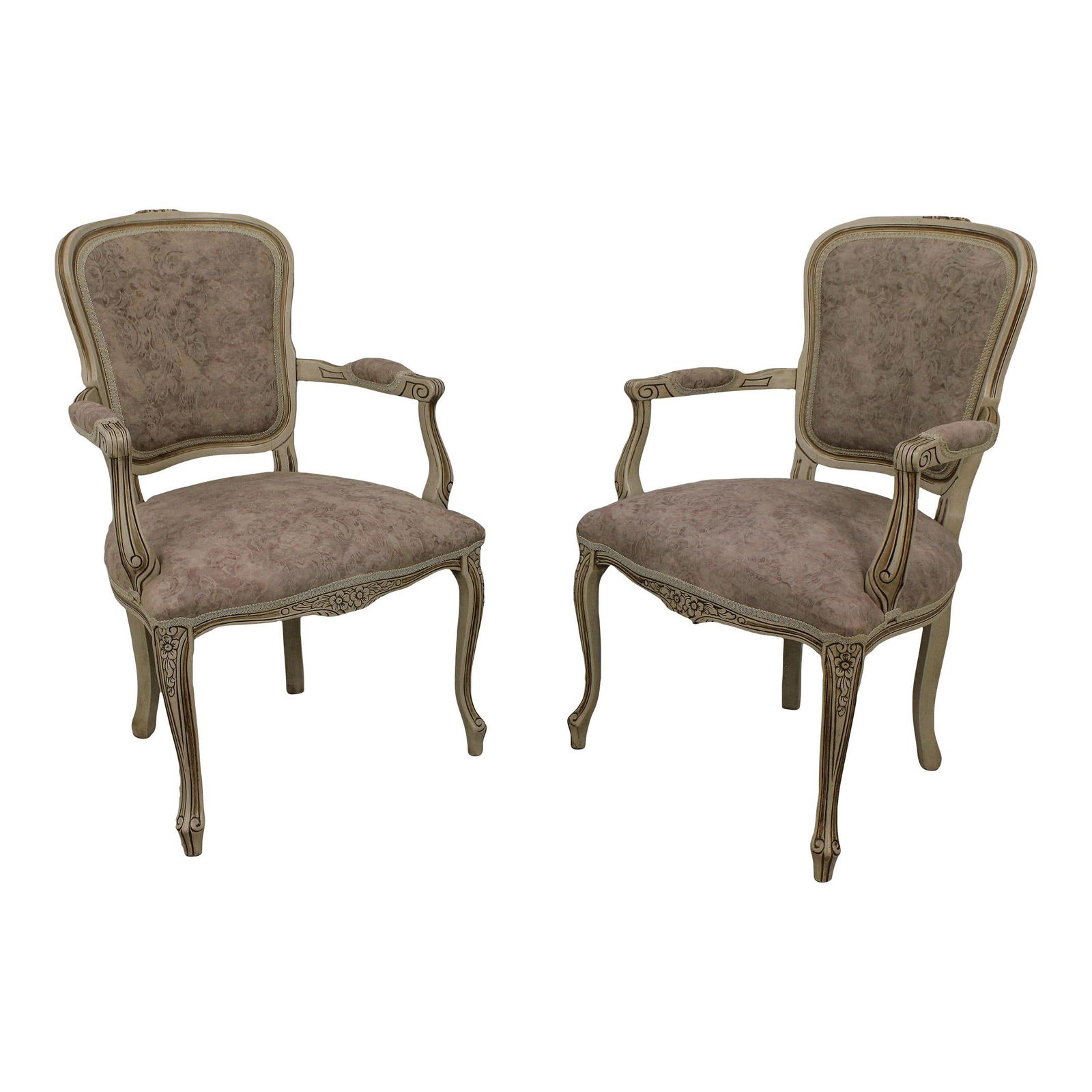 Vintage Pair of French Louis XV Style Armchairs in Antique White Finish: Vintage Pair of French Louis XV Style Armchairs in Antique White Finish This exquisite pair of French Louis XV style armchairs features a charming painted finish that highlights their elegant design.