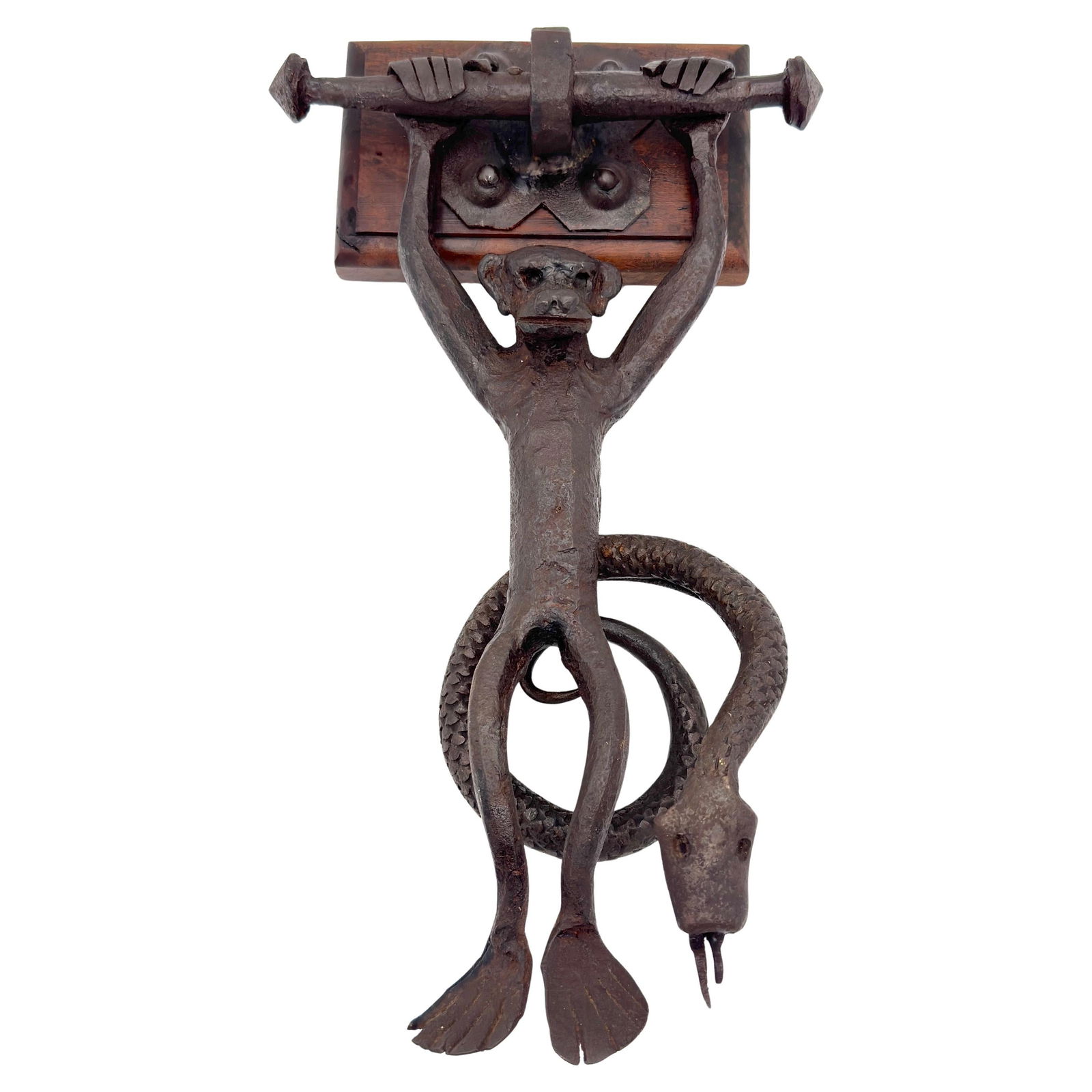 American Arts & Crafts Wrought Iron Monkey & Snake Door Knocker Set of 2: American Arts & Crafts Wrought Iron Monkey & Snake Door Knocker Set of 2 This striking American Arts & Crafts door knocker features a whimsical design that showcases a stylized monkey and a coiled sna