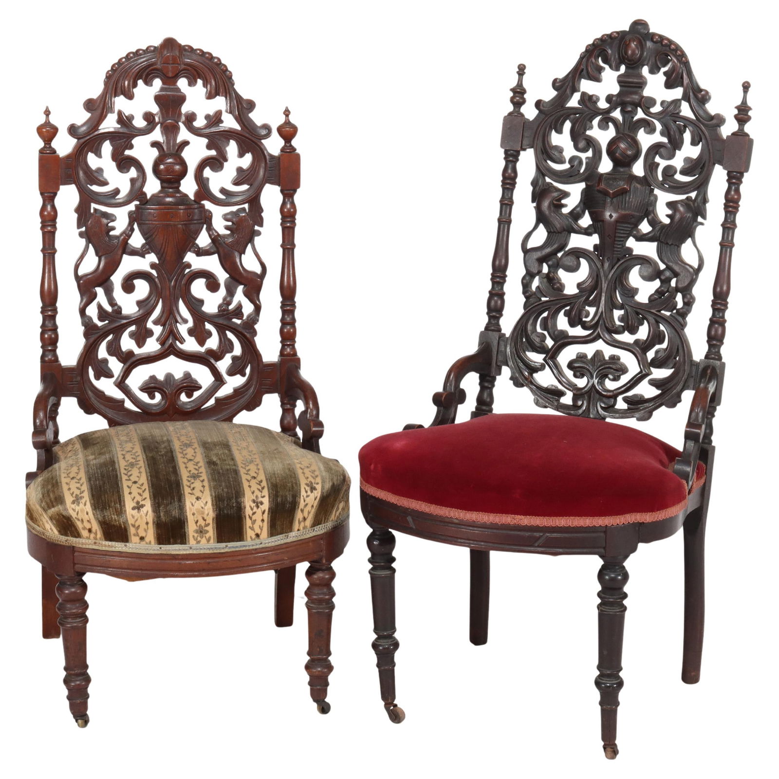 Pair of Antique Victorian Renaissance Revival Walnut Side Chairs C1870: Pair of Antique Victorian Renaissance Revival Walnut Side Chairs C1870 Enhance your living space with this exquisite pair of Antique Victorian Renaissance Revival Reticulated Walnut Armorial Side Chai