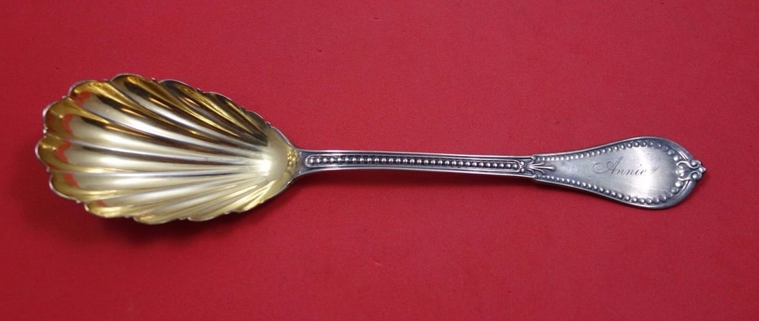 Gorham Beaded Sterling Silver Berry Spoon Gold Washed Shell Monogrammed Annie 8.5": Gorham Beaded Sterling Silver Berry Spoon Gold Washed Shell Monogrammed Annie 8.5" Elevate your dining experience with this exquisite Beaded Berry Spoon by Gorham, crafted from high-quality sterling s