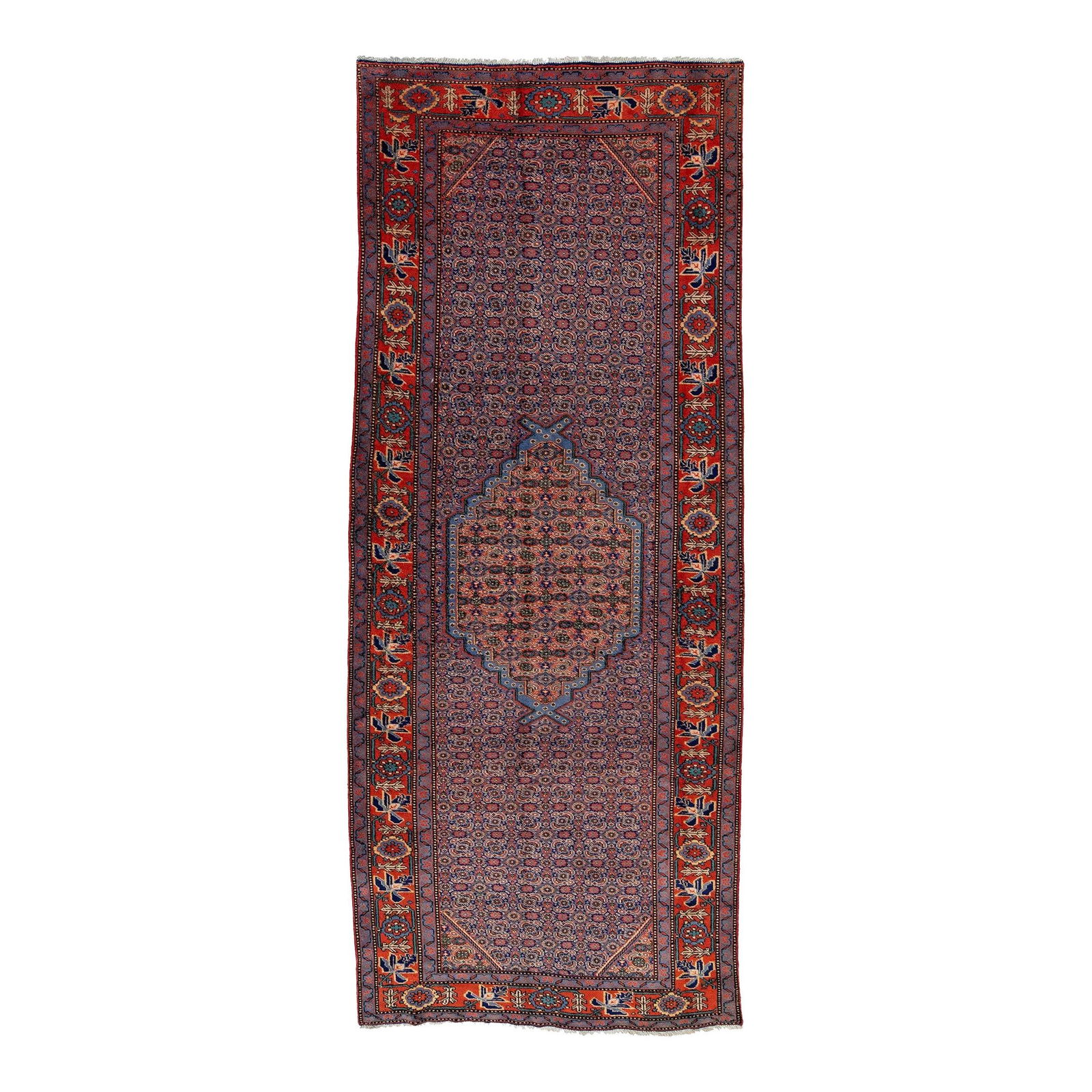 Vintage Hand-knotted Wool Rug Medallion Motif Red Blue 4'3 x 10'6: Vintage Hand-knotted Wool Rug Medallion Motif Red Blue 4'3 x 10'6 Enhance your space with this Vintage Hand-knotted Wool Rug featuring a stunning medallion motif in red and blue, beautifully accentuat