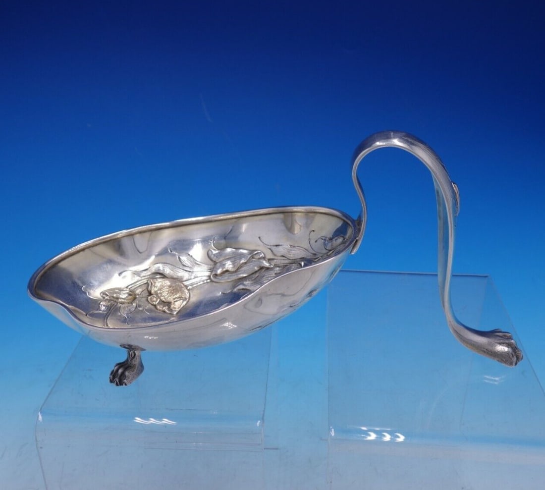 Shiebler Sterling Silver Bon Bon Spoon Dish Art Nouveau Gold Poppies: Shiebler Sterling Silver Bon Bon Spoon Dish Art Nouveau Gold Poppies Discover the exquisite craftsmanship of this Applied Shiebler Sterling Silver Large Bon Bon Spoon Dish, a remarkable piece from the