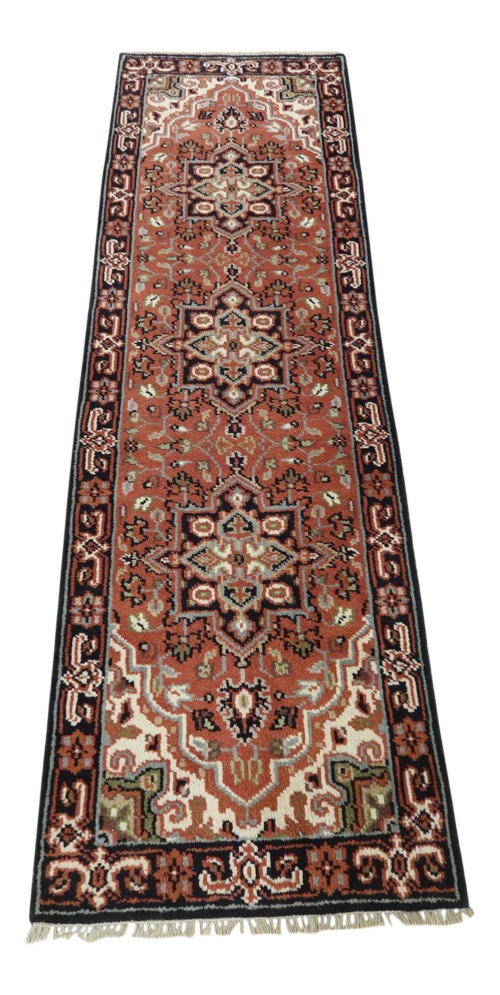 Wool Runner Rug in Heriz Design 3 x 8 Feet Approximate Size: Wool Runner Rug in Heriz Design 3 x 8 Feet Approximate Size This Heriz runner rug, measuring approximately 3 x 8 feet, is crafted from wool and features bright, vibrant colors. Estimated to be around