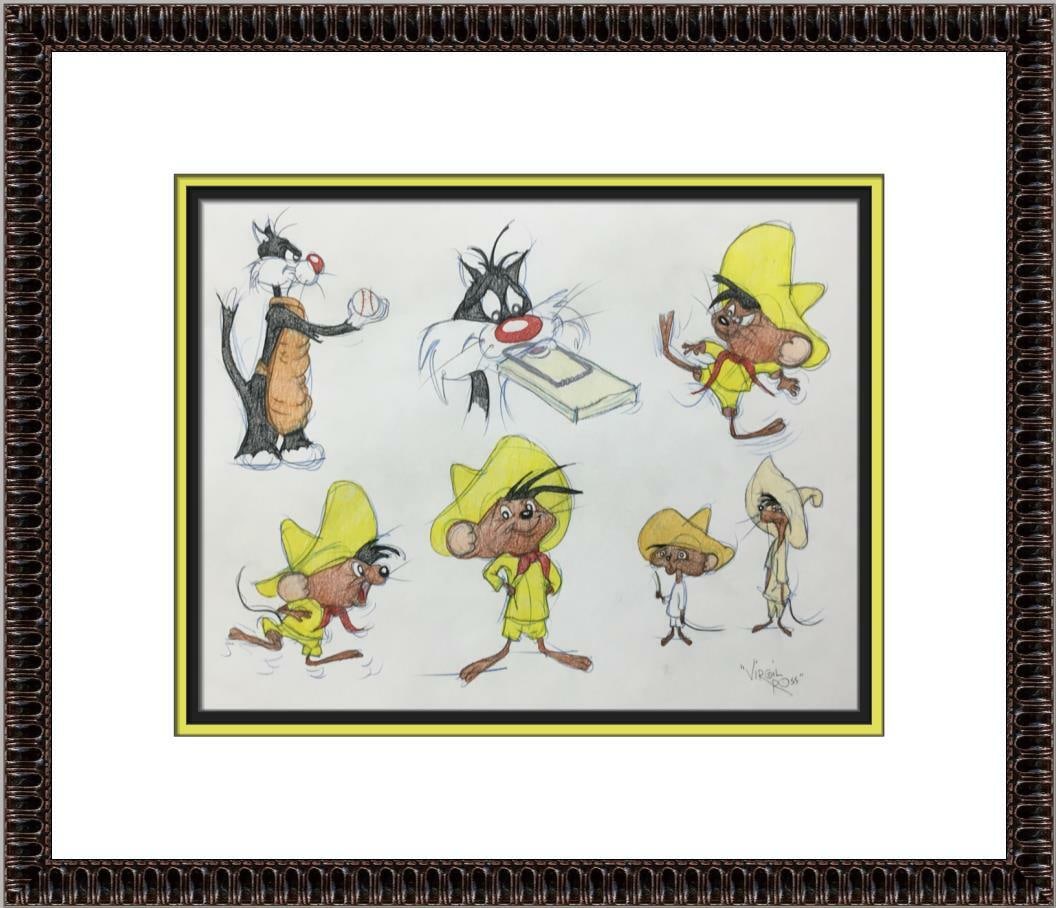 Virgil Ross Signed Speedy Gonzales Model Sheet Framed Warner Bros Animation: Virgil Ross Signed Speedy Gonzales Model Sheet Framed Warner Bros Animation This original signed model sheet drawing features the beloved character Speedy Gonzales, illustrated by legendary animator V