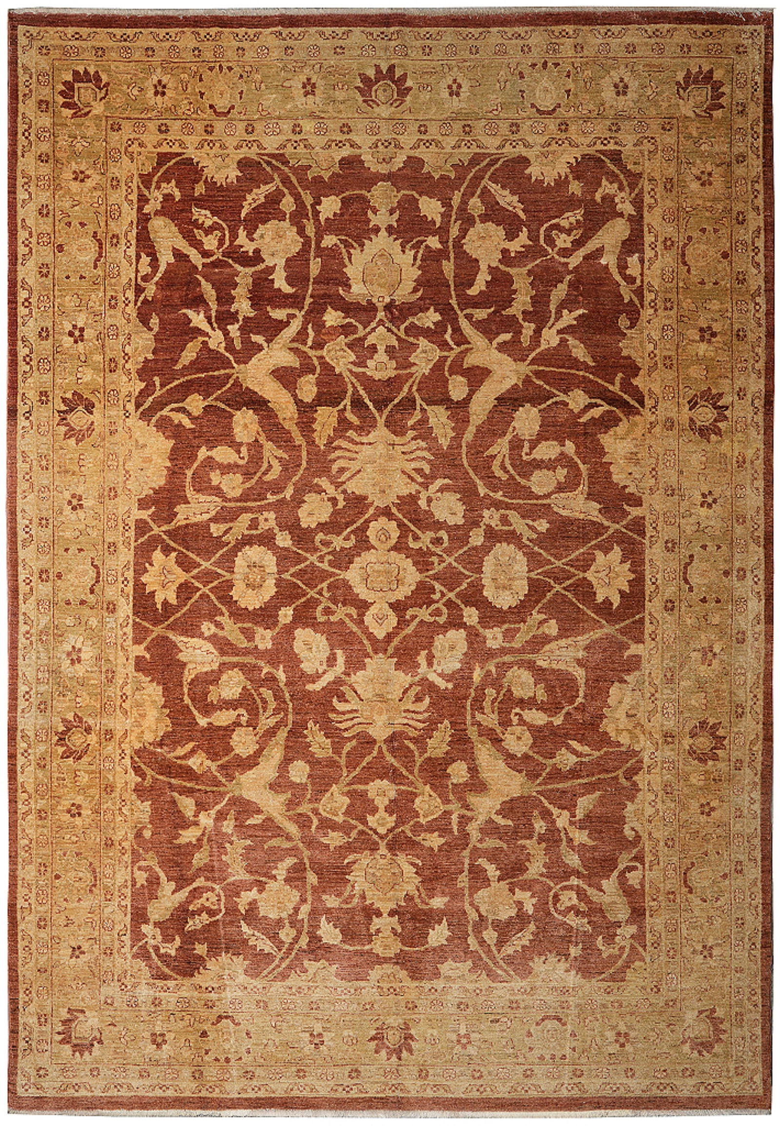 Handmade Zigler Chobi Peshawar Rug 106 x 139 Inch Warm Rust Gold Wool: Handmade Zigler Chobi Peshawar Rug 106 x 139 Inch Warm Rust Gold Wool Free continental US Shipping This handmade Zigler Chobi Peshawar area rug features a warm rust, gold, beige, and sage green palett