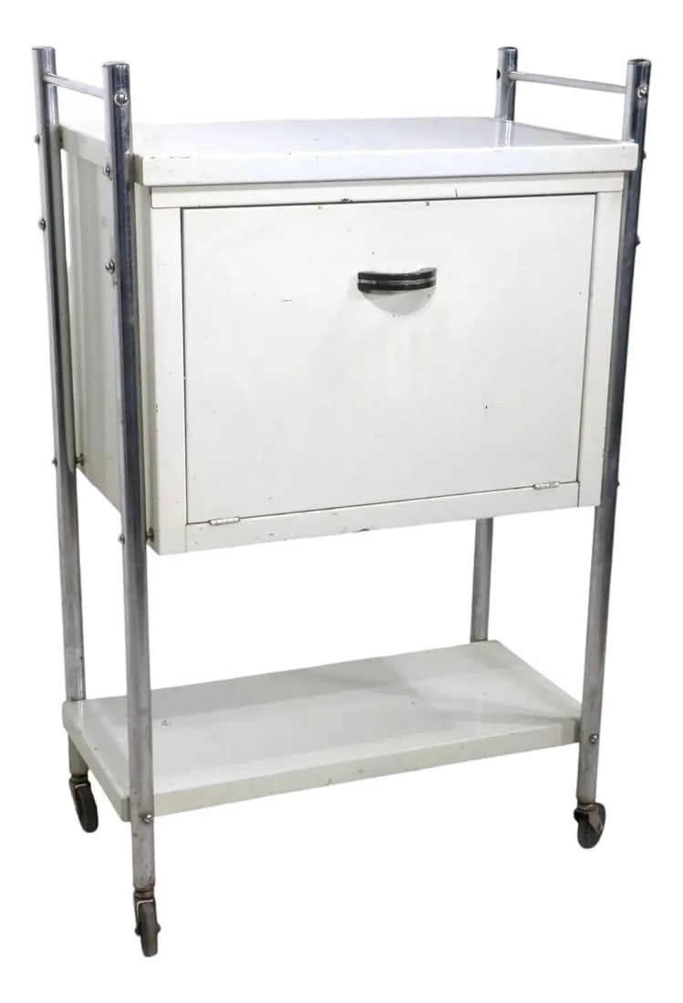 Vintage Industrial One Door Medical Side Table White Metal Chrome: Vintage Industrial One Door Medical Side Table White Metal Chrome This Vintage One Door Medical Side Table features a sleek industrial design, constructed from sturdy metal with a tubular chrome frame
