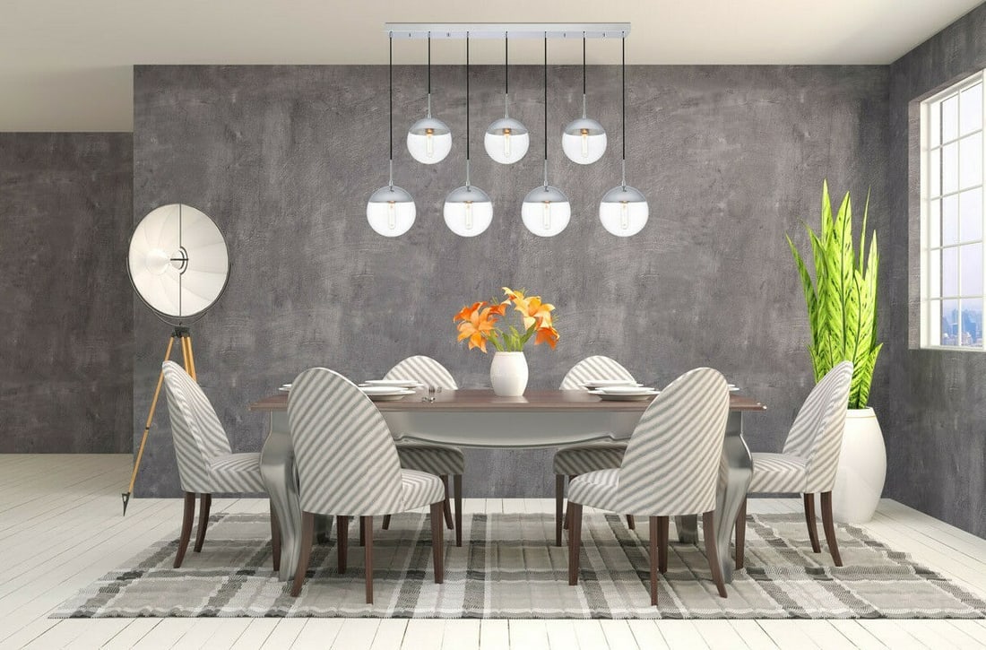 Eclipse 7-Light Modern Chrome Pendant Chandelier with Clear Glass Shades 54": Eclipse 7-Light Modern Chrome Pendant Chandelier with Clear Glass Shades 54" Illuminate your space with this stunning 7-light pendant chandelier from the Eclipse collection. Crafted with a polished ch