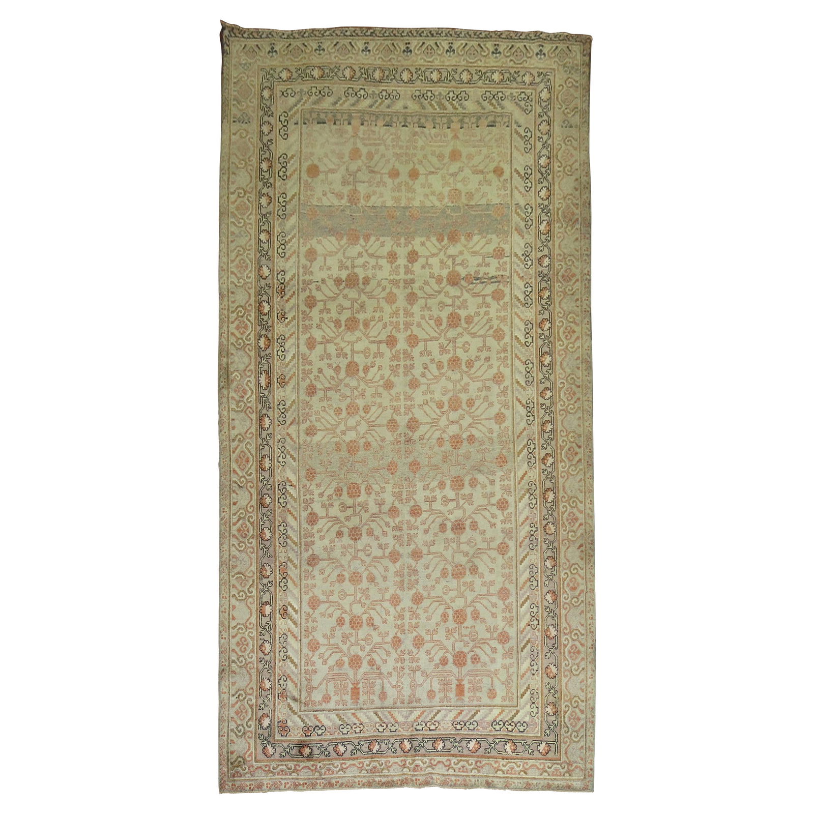 Antique Khotan Gallery Rug 74 x 148 Wool Pomegranate Motif 1910: Antique Khotan Gallery Rug 74 x 148 Wool Pomegranate Motif 1910 Enhance your space with this exquisite Gray Khotan Antique Gallery Rug, a stunning piece from the early 20th century. Crafted from high-